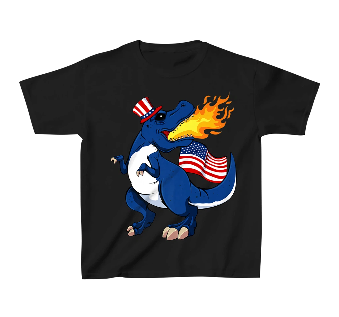 Dinosaur Breathing Fire 4th Of July T-Rex American Flag Hat T-Shirt, Kid T-Shirt and Women T-Shirt