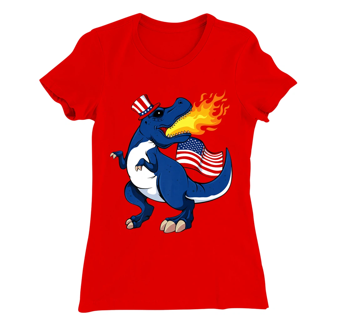 Dinosaur Breathing Fire 4th Of July T-Rex American Flag Hat T-Shirt, Kid T-Shirt and Women T-Shirt