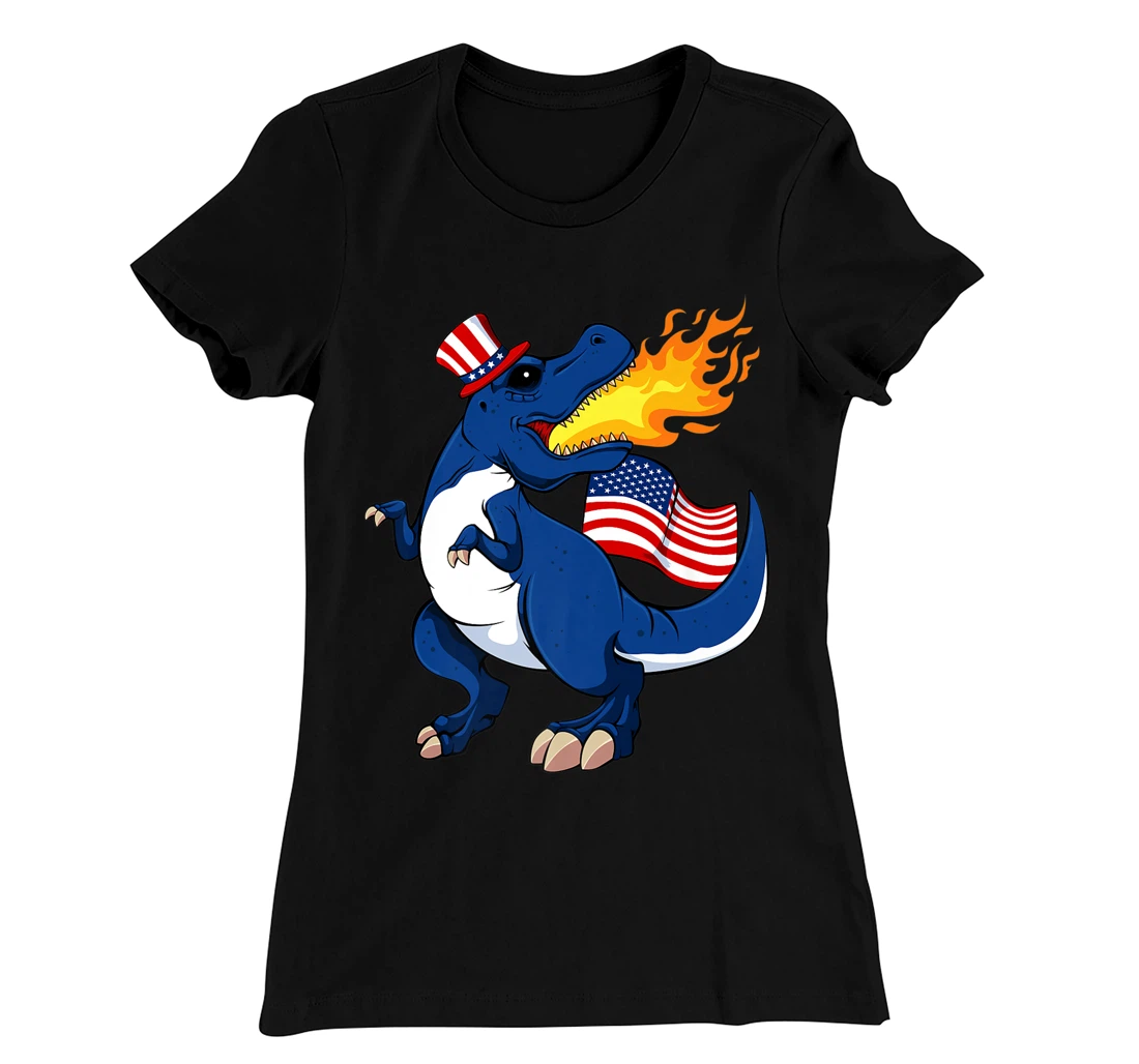 Dinosaur Breathing Fire 4th Of July T-Rex American Flag Hat T-Shirt, Kid T-Shirt and Women T-Shirt