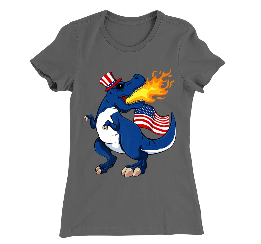 Dinosaur Breathing Fire 4th Of July T-Rex American Flag Hat T-Shirt, Kid T-Shirt and Women T-Shirt