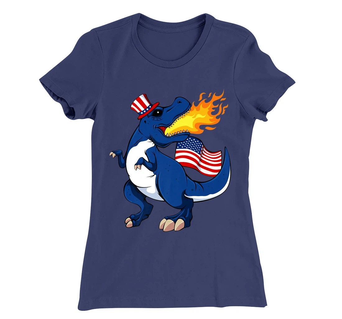 Dinosaur Breathing Fire 4th Of July T-Rex American Flag Hat T-Shirt, Kid T-Shirt and Women T-Shirt