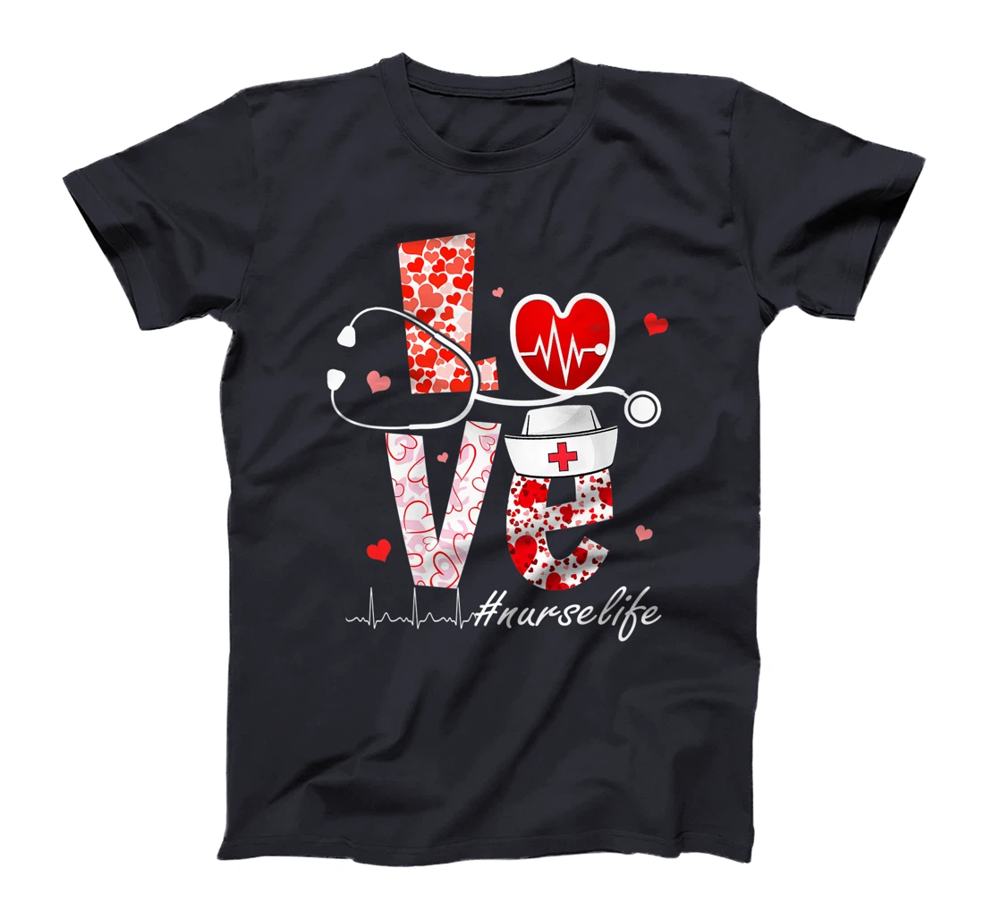 LOVE Stethoscope Nurse Life Valentine Day Heart T-Shirt, Women T-Shirt