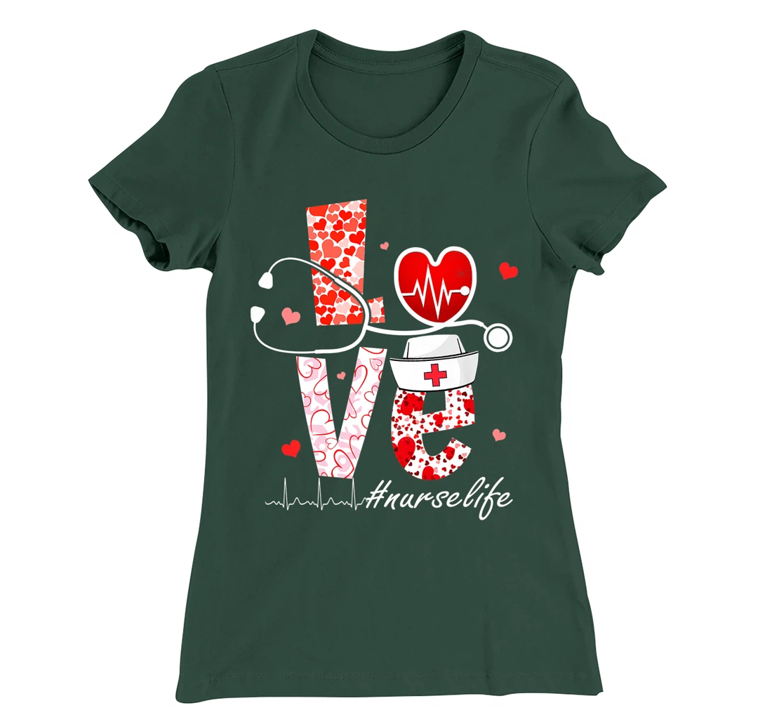 LOVE Stethoscope Nurse Life Valentine Day Heart T-Shirt, Women T-Shirt
