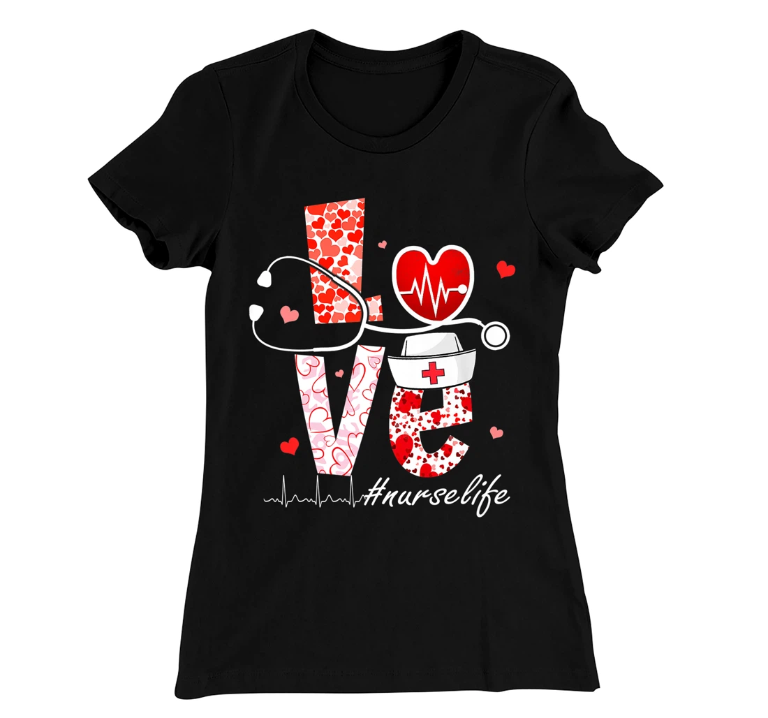 LOVE Stethoscope Nurse Life Valentine Day Heart T-Shirt, Women T-Shirt