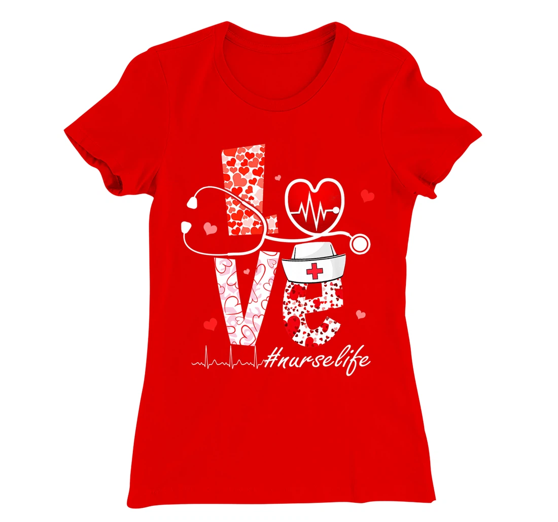 LOVE Stethoscope Nurse Life Valentine Day Heart T-Shirt, Women T-Shirt