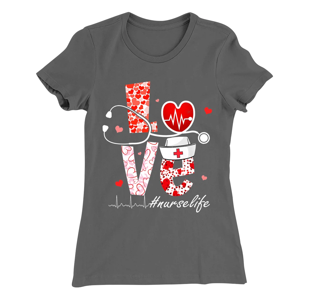 LOVE Stethoscope Nurse Life Valentine Day Heart T-Shirt, Women T-Shirt