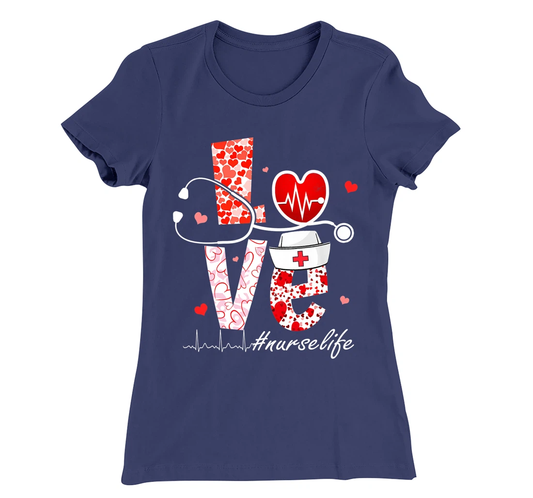 LOVE Stethoscope Nurse Life Valentine Day Heart T-Shirt, Women T-Shirt
