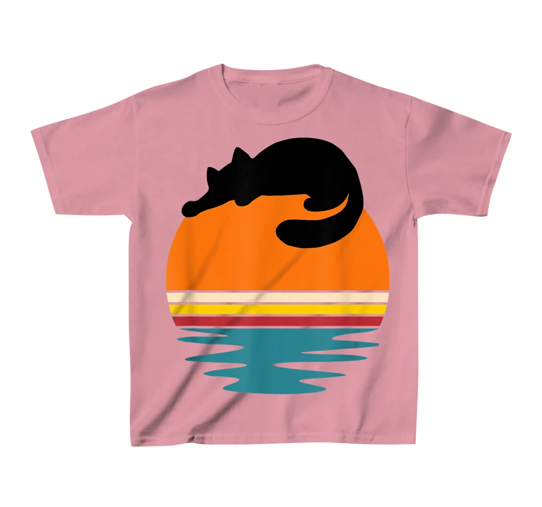 Cat on Retro Sunset Cute Cat T-Shirt, Kid T-Shirt and Women T-Shirt