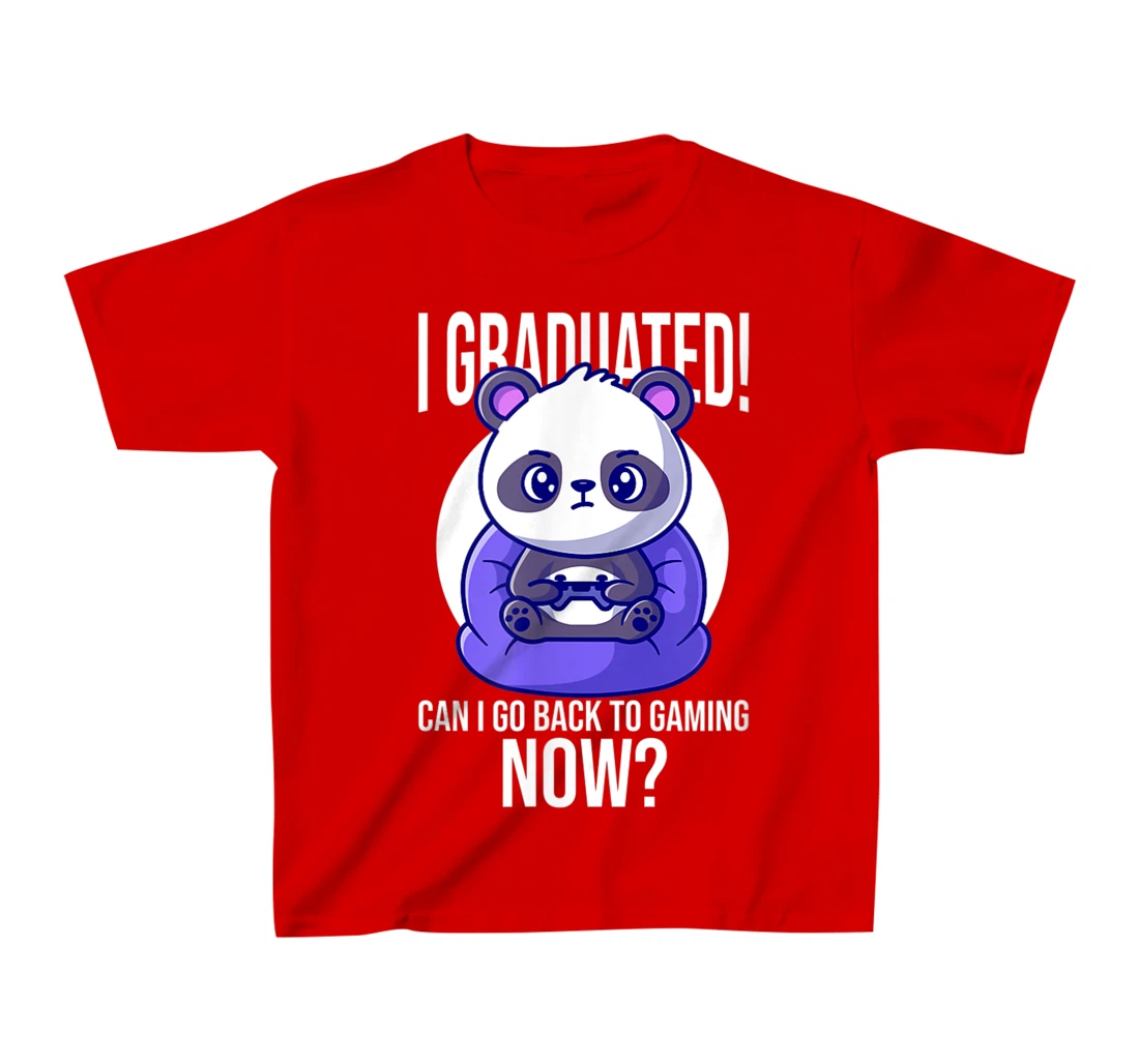 Funny Can I Go Back To Gaming Now Graduating Panda Playing T-Shirt, Kid T-Shirt and Women T-Shirt