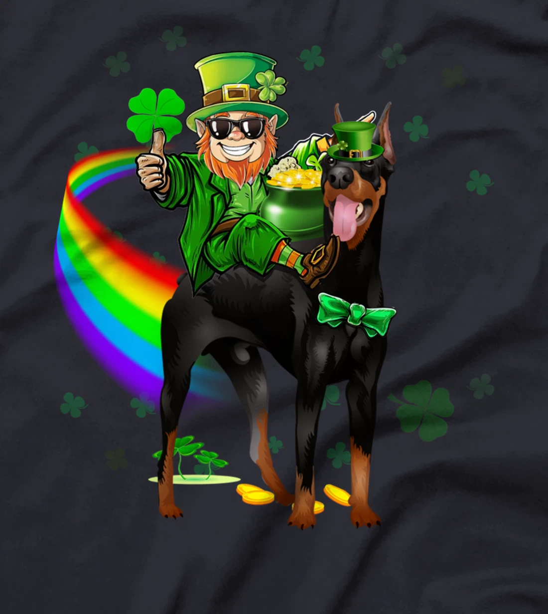 Leprechaun Riding Doberman Pinscher St Patricks Day Shamrock T-Shirt