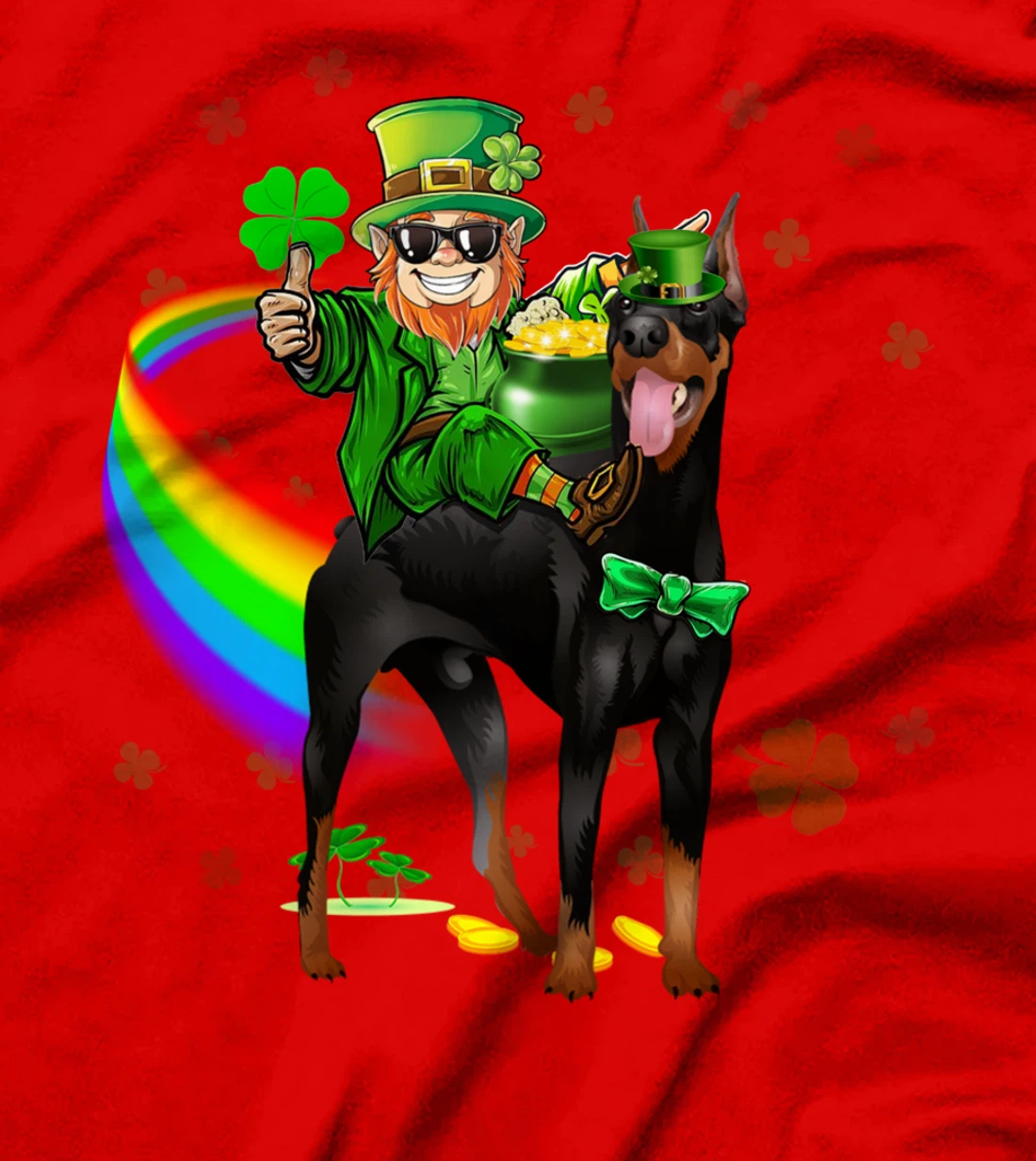 Leprechaun Riding Doberman Pinscher St Patricks Day Shamrock T-Shirt