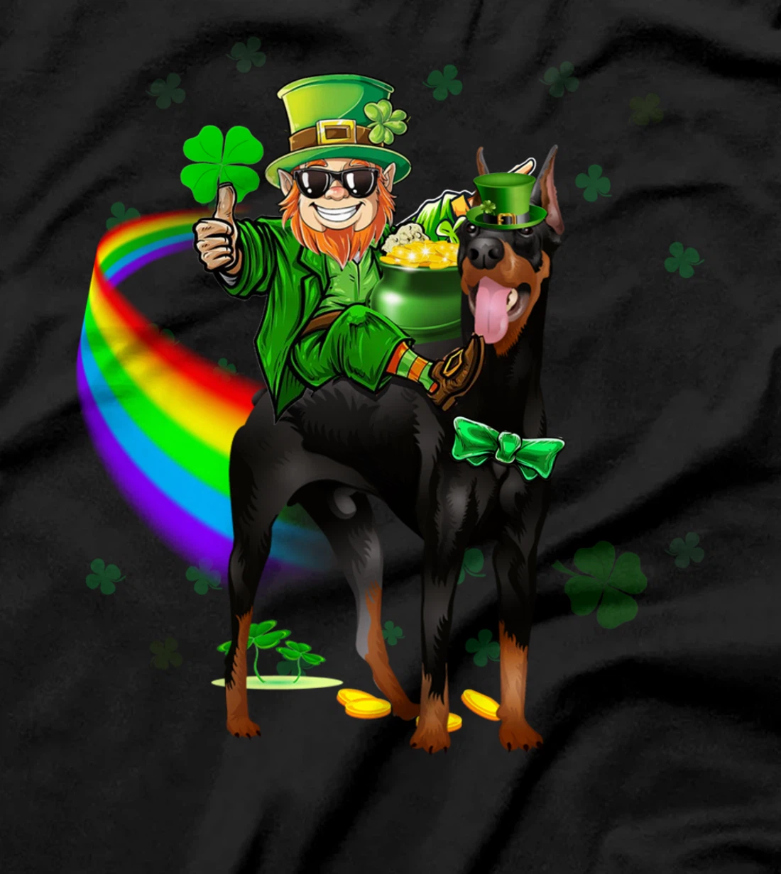 Leprechaun Riding Doberman Pinscher St Patricks Day Shamrock T-Shirt