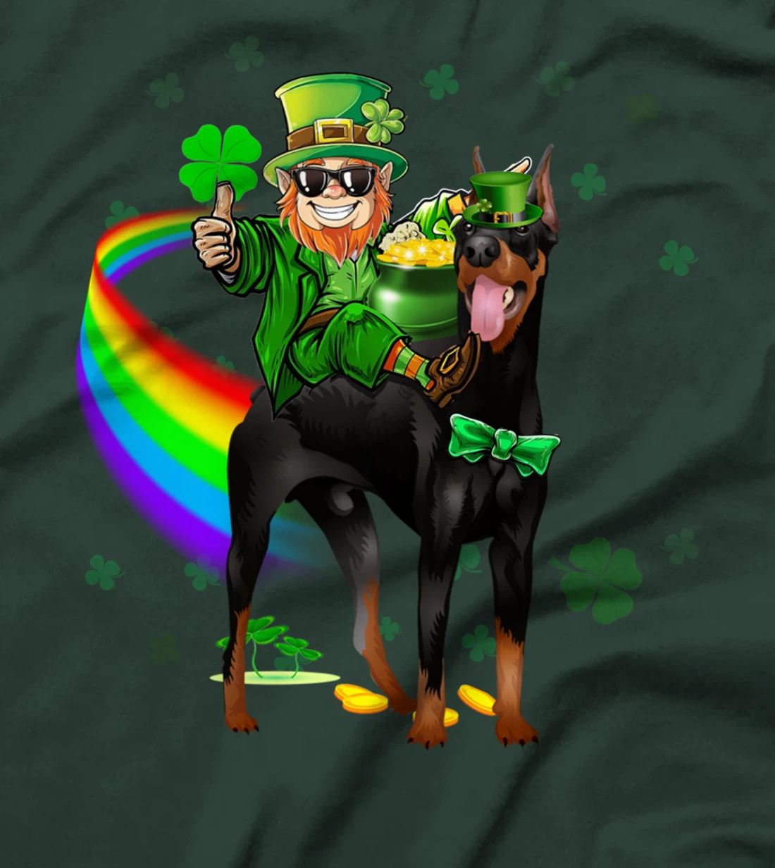 Leprechaun Riding Doberman Pinscher St Patricks Day Shamrock T-Shirt