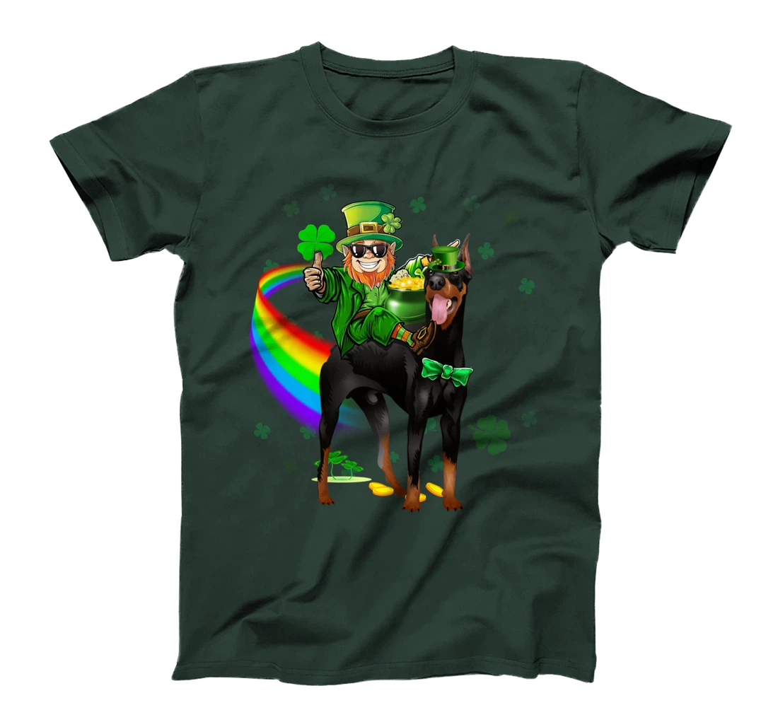 Leprechaun Riding Doberman Pinscher St Patricks Day Shamrock T-Shirt