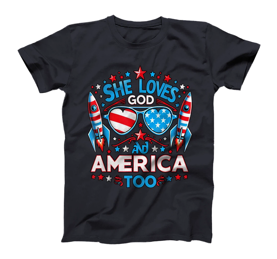 America flag & She Loves God & America too, USA 4th of July T-Shirt