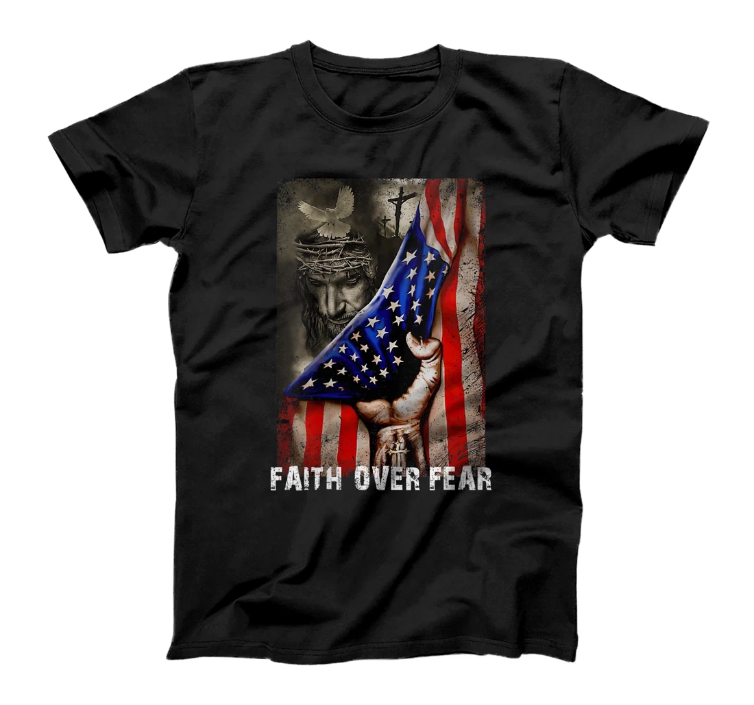 Womens Vintage Faith Over Fear God Jesus Christian Flag 4th Of July T-Shirt