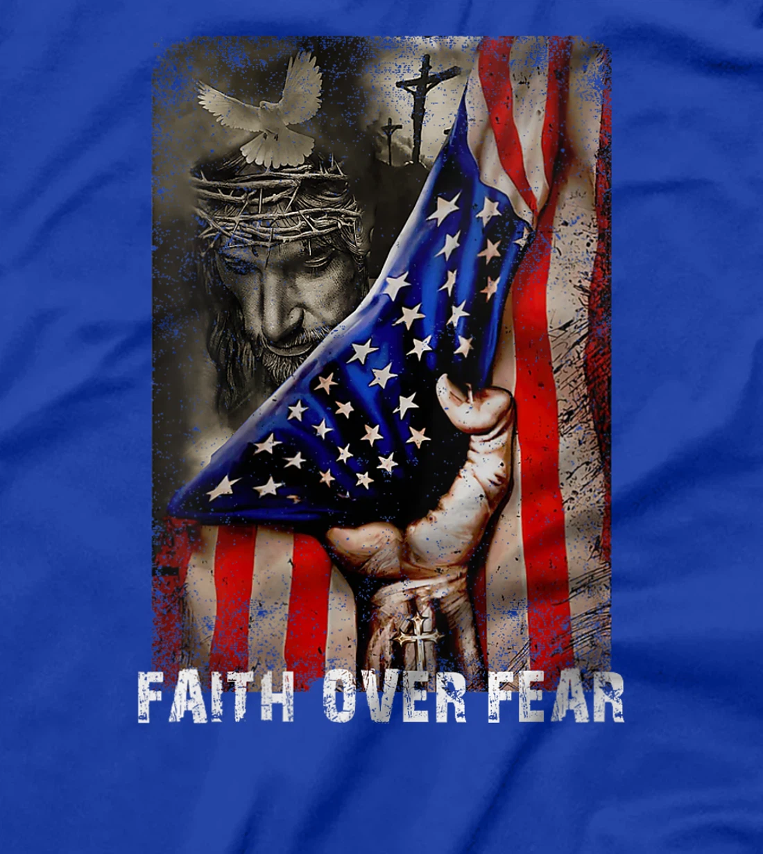 Womens Vintage Faith Over Fear God Jesus Christian Flag 4th Of July T-Shirt