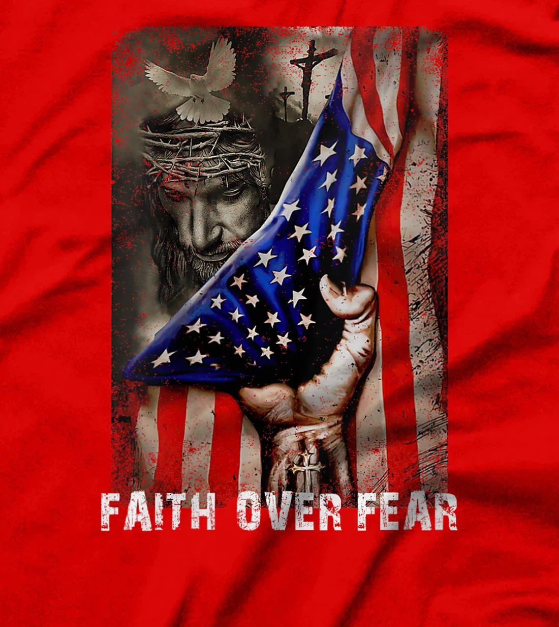 Womens Vintage Faith Over Fear God Jesus Christian Flag 4th Of July T-Shirt