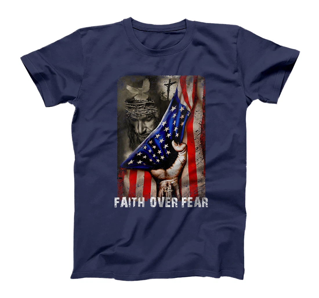 Womens Vintage Faith Over Fear God Jesus Christian Flag 4th Of July T-Shirt