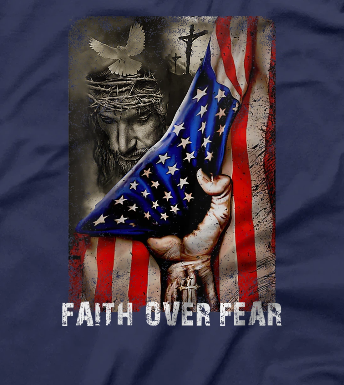 Womens Vintage Faith Over Fear God Jesus Christian Flag 4th Of July T-Shirt