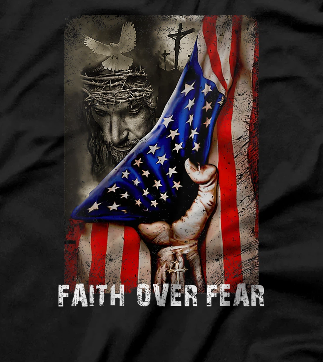 Womens Vintage Faith Over Fear God Jesus Christian Flag 4th Of July T-Shirt