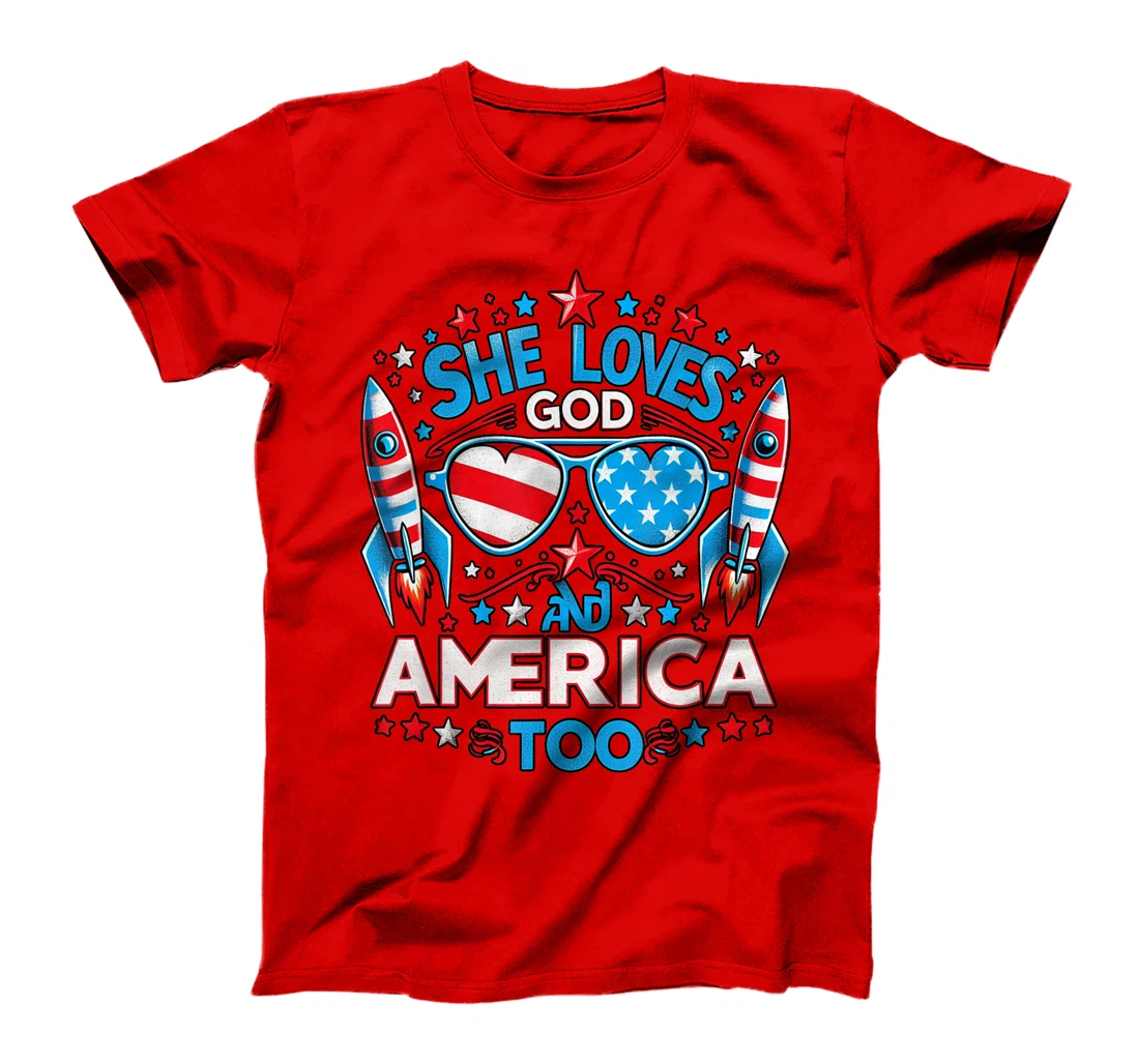 America flag & She Loves God & America too, USA 4th of July T-Shirt