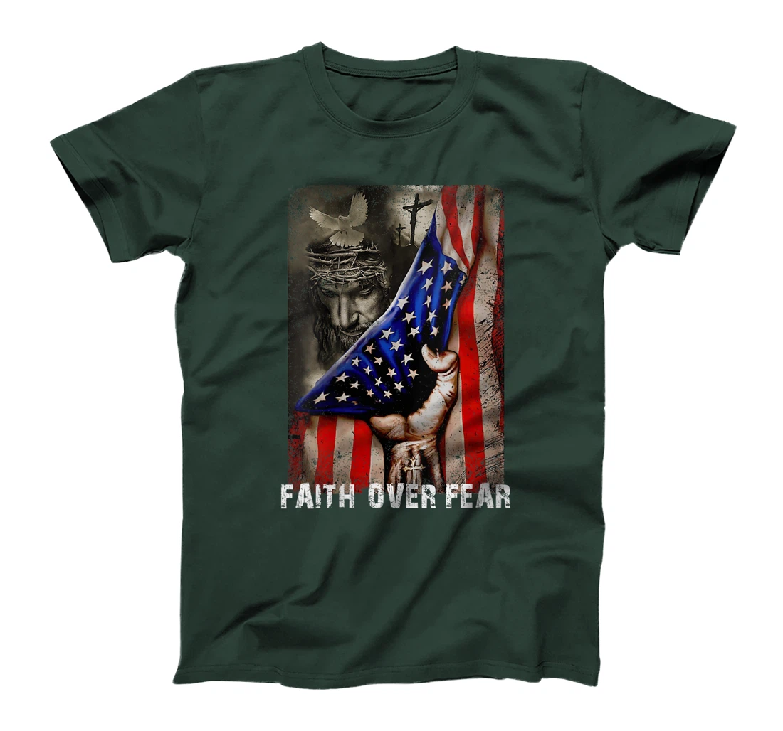 Womens Vintage Faith Over Fear God Jesus Christian Flag 4th Of July T-Shirt