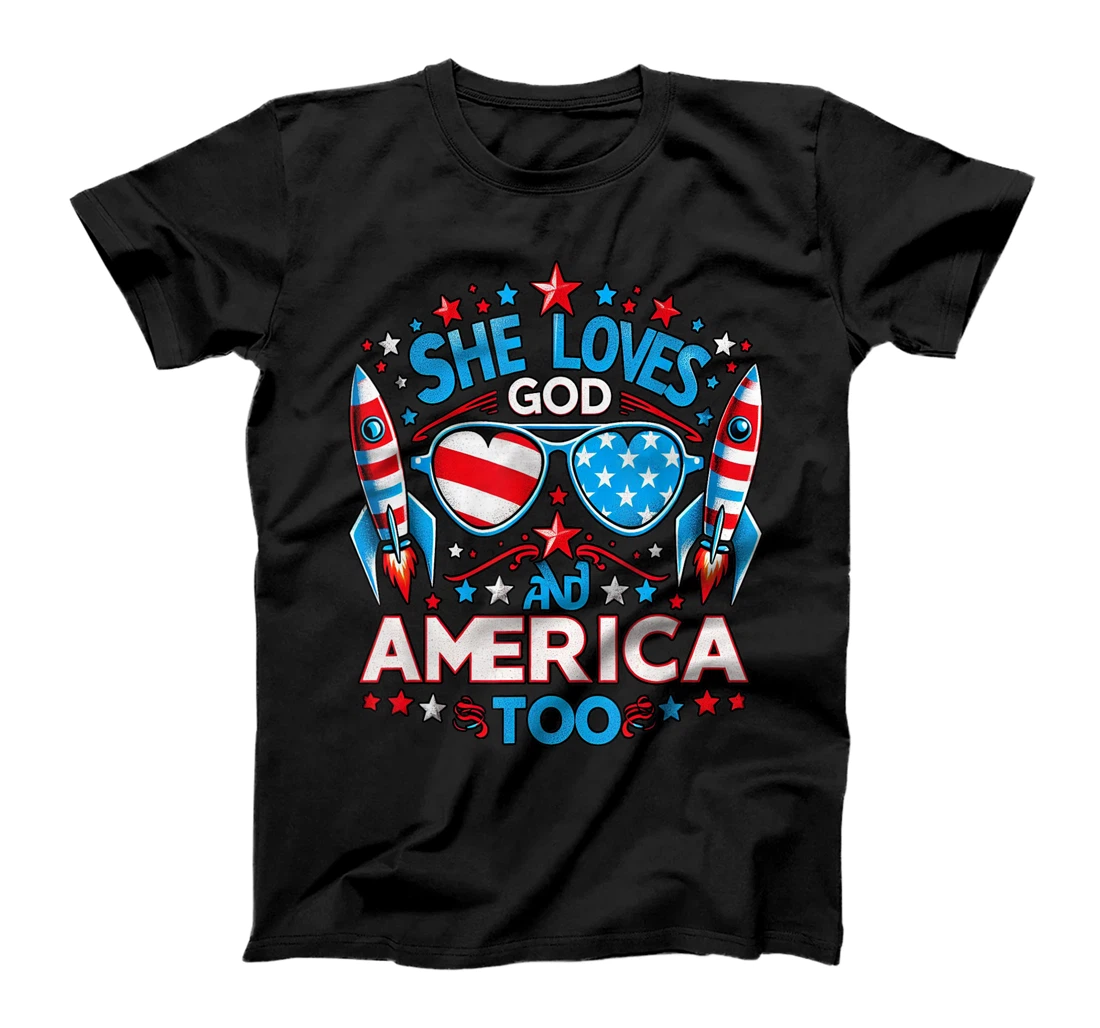 America flag & She Loves God & America too, USA 4th of July T-Shirt