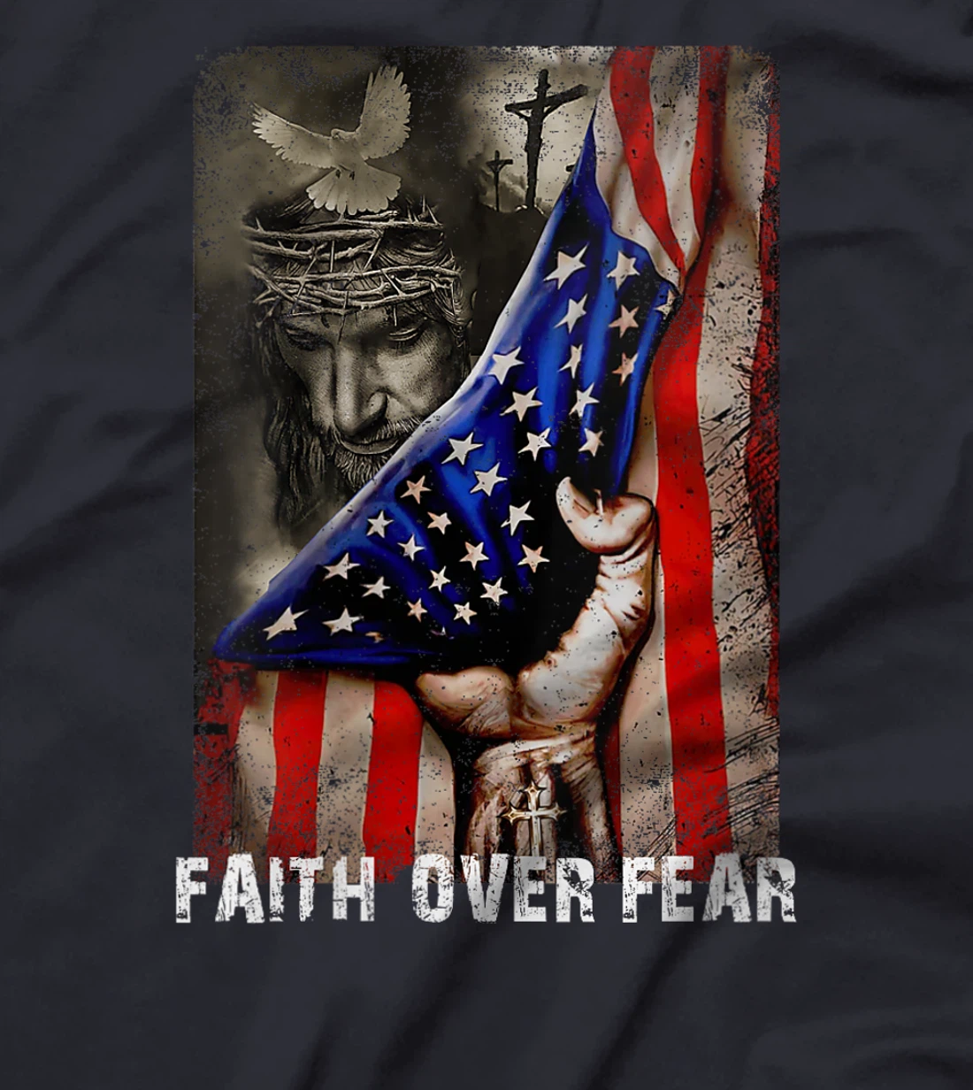 Womens Vintage Faith Over Fear God Jesus Christian Flag 4th Of July T-Shirt