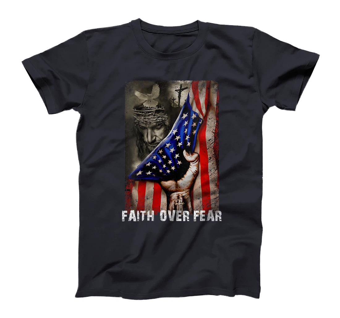 Womens Vintage Faith Over Fear God Jesus Christian Flag 4th Of July T-Shirt
