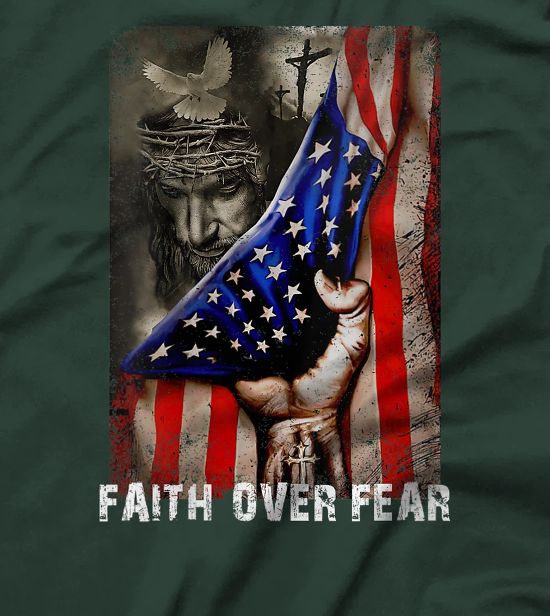 Womens Vintage Faith Over Fear God Jesus Christian Flag 4th Of July T-Shirt