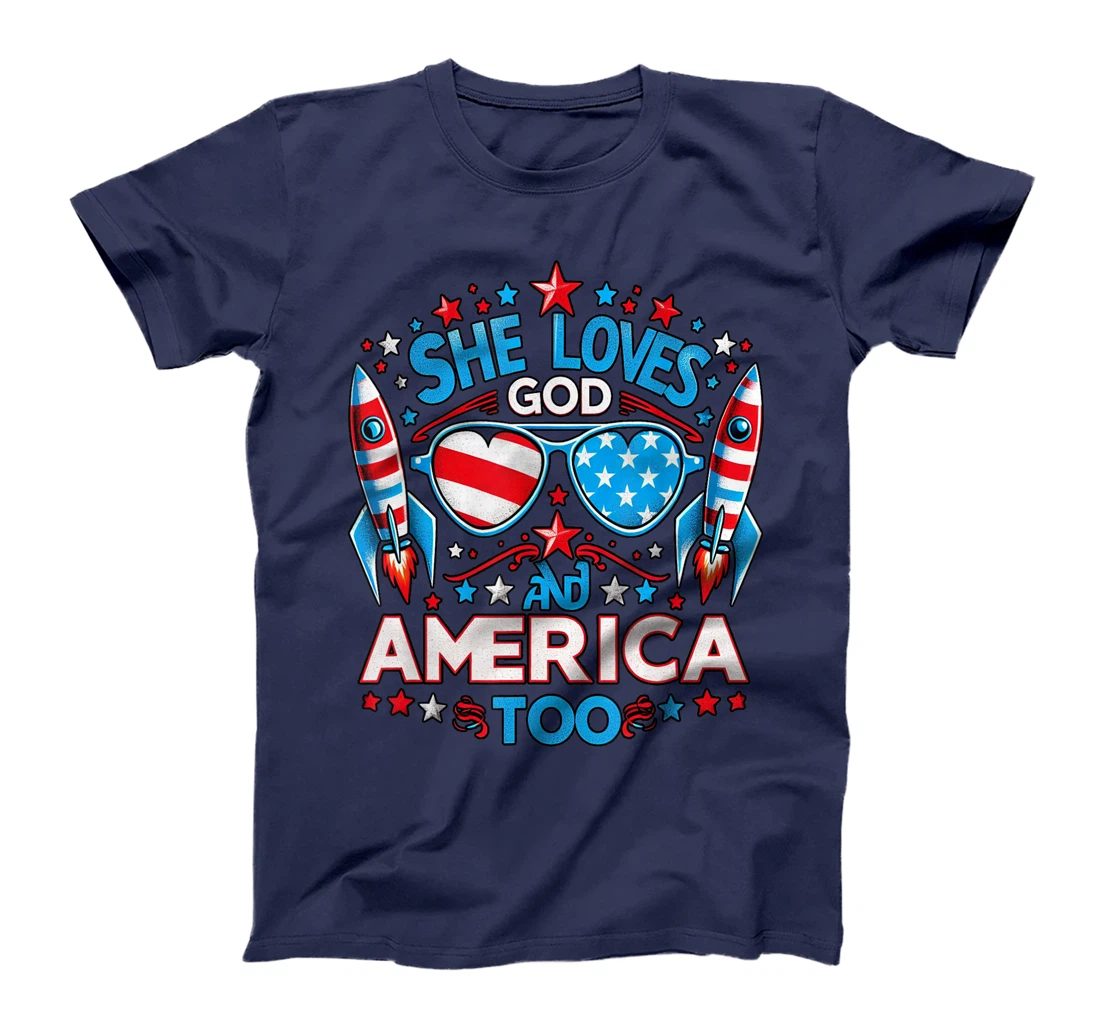 America flag & She Loves God & America too, USA 4th of July T-Shirt