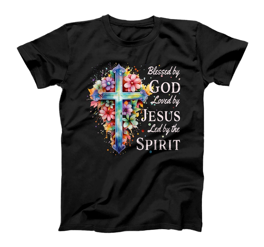 Blessed by God Loved by Jesus Floral Cross Christian T-Shirt