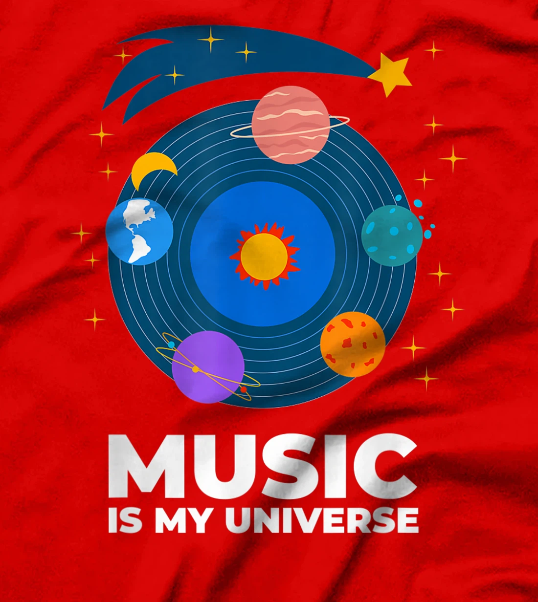 Music Is My Universe with Planets in Orbits on Vinyl Record T-Shirt, Kid T-Shirt and Women T-Shirt