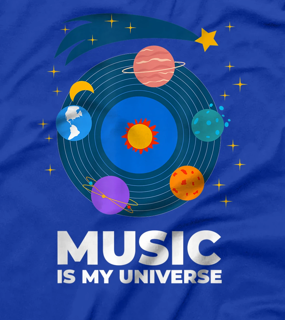 Music Is My Universe with Planets in Orbits on Vinyl Record T-Shirt, Kid T-Shirt and Women T-Shirt