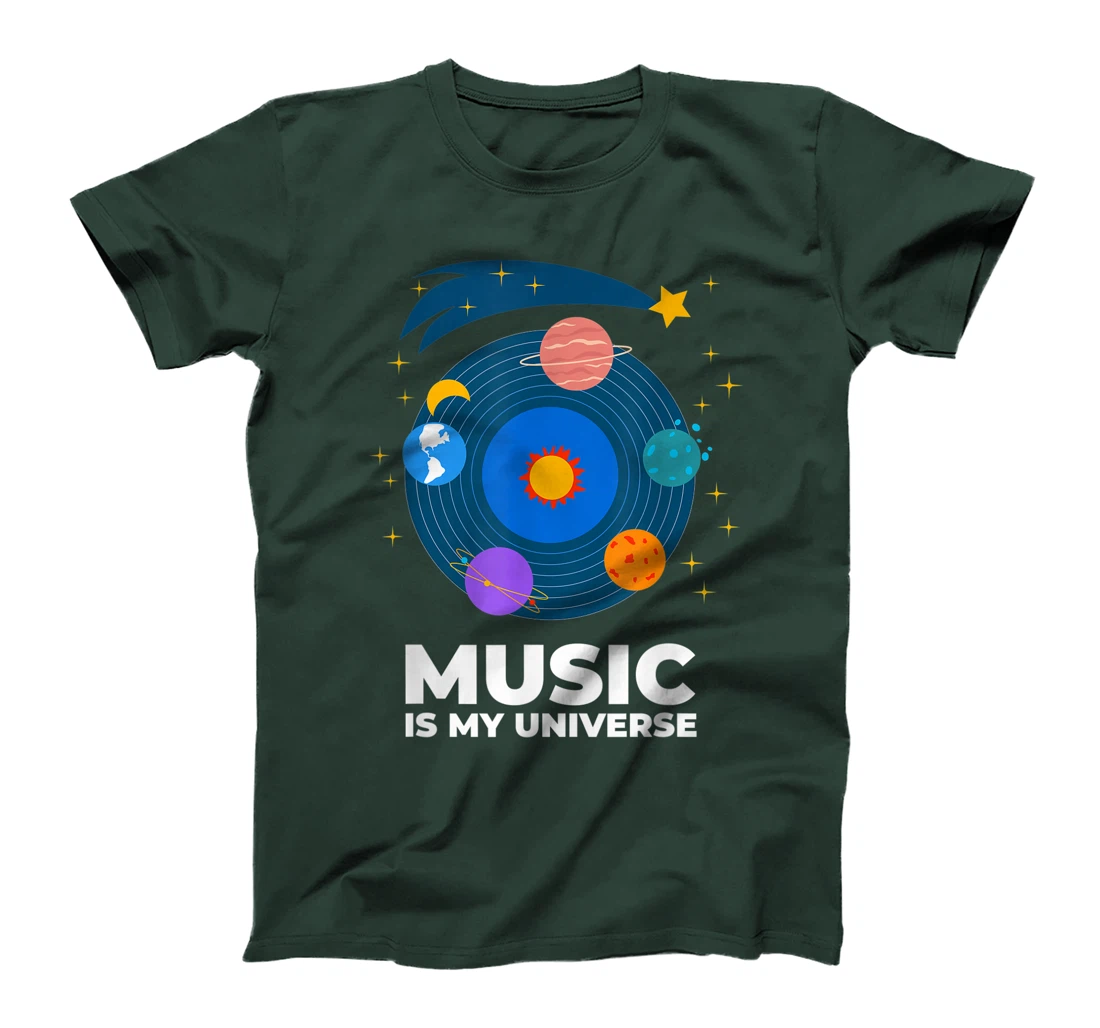 Music Is My Universe with Planets in Orbits on Vinyl Record T-Shirt, Kid T-Shirt and Women T-Shirt