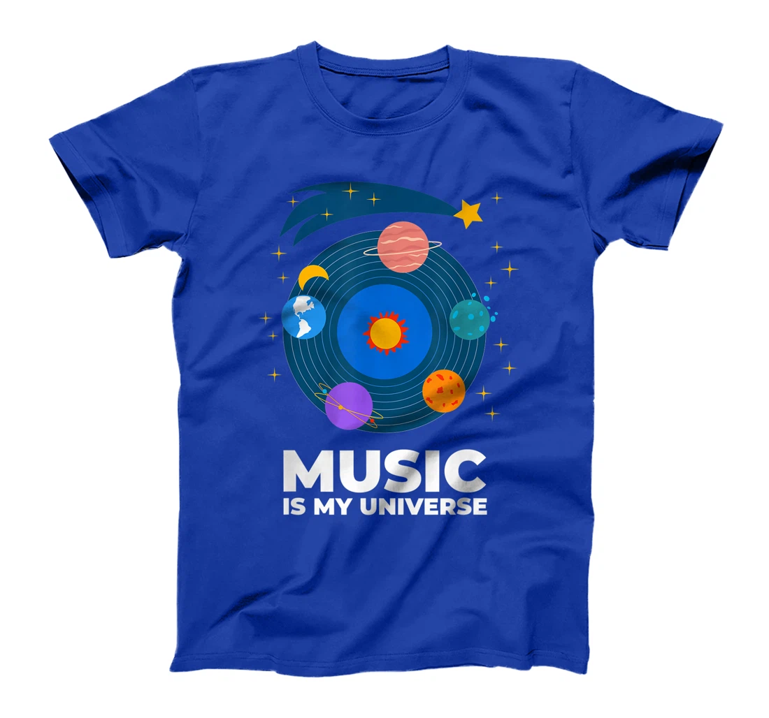 Music Is My Universe with Planets in Orbits on Vinyl Record T-Shirt, Kid T-Shirt and Women T-Shirt