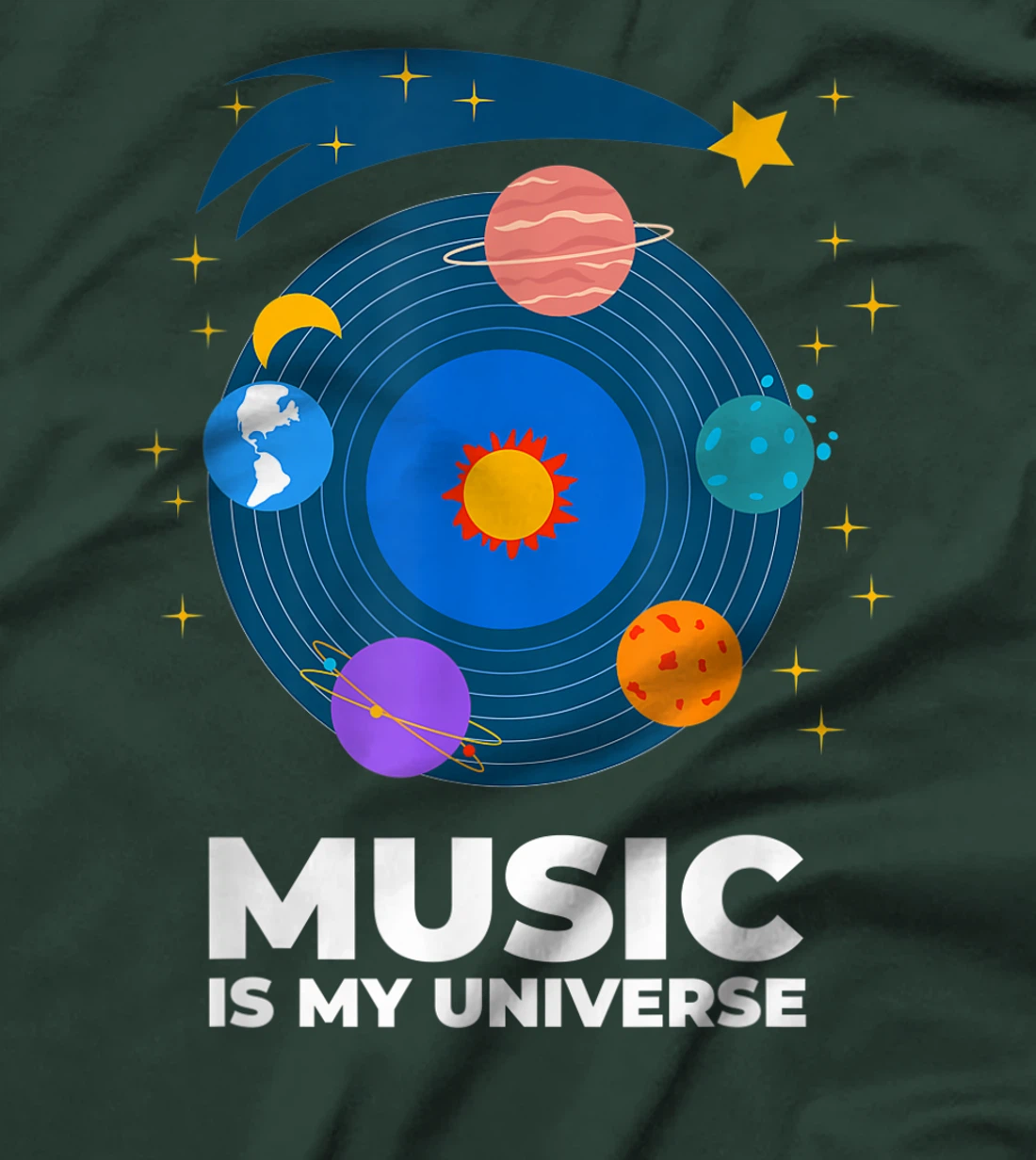 Music Is My Universe with Planets in Orbits on Vinyl Record T-Shirt, Kid T-Shirt and Women T-Shirt