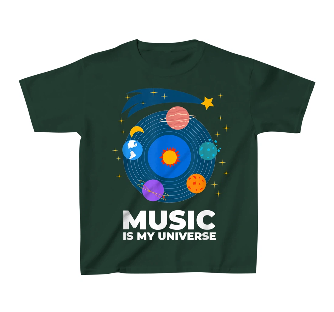Music Is My Universe with Planets in Orbits on Vinyl Record T-Shirt, Kid T-Shirt and Women T-Shirt