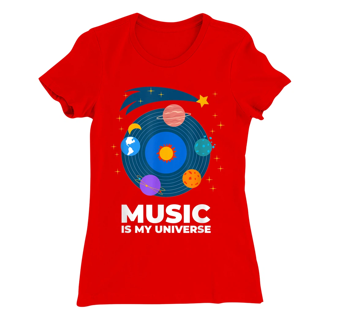 Music Is My Universe with Planets in Orbits on Vinyl Record T-Shirt, Kid T-Shirt and Women T-Shirt