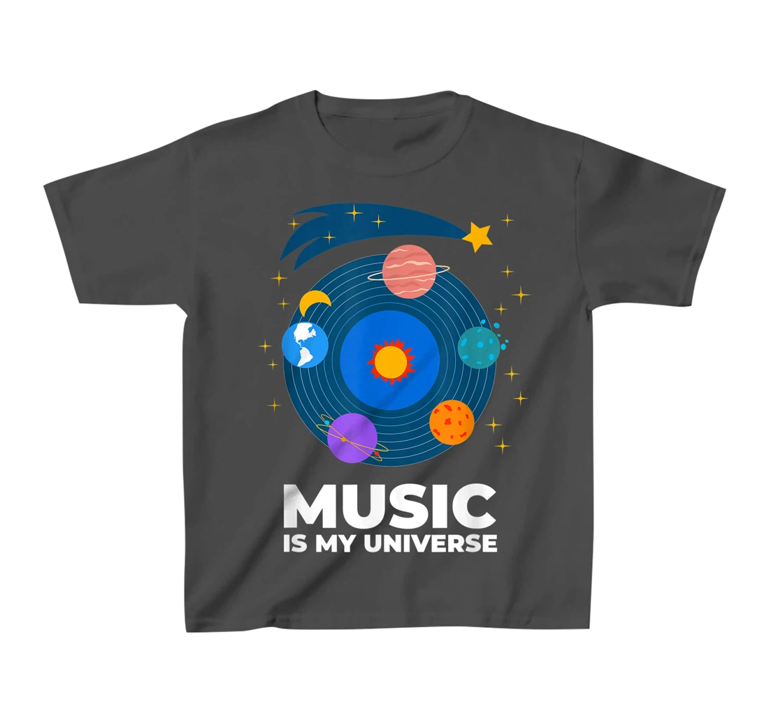 Music Is My Universe with Planets in Orbits on Vinyl Record T-Shirt, Kid T-Shirt and Women T-Shirt