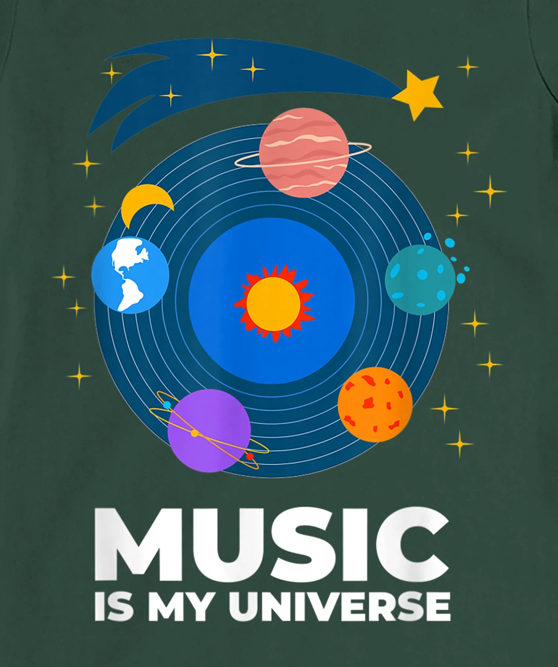 Music Is My Universe with Planets in Orbits on Vinyl Record T-Shirt, Kid T-Shirt and Women T-Shirt