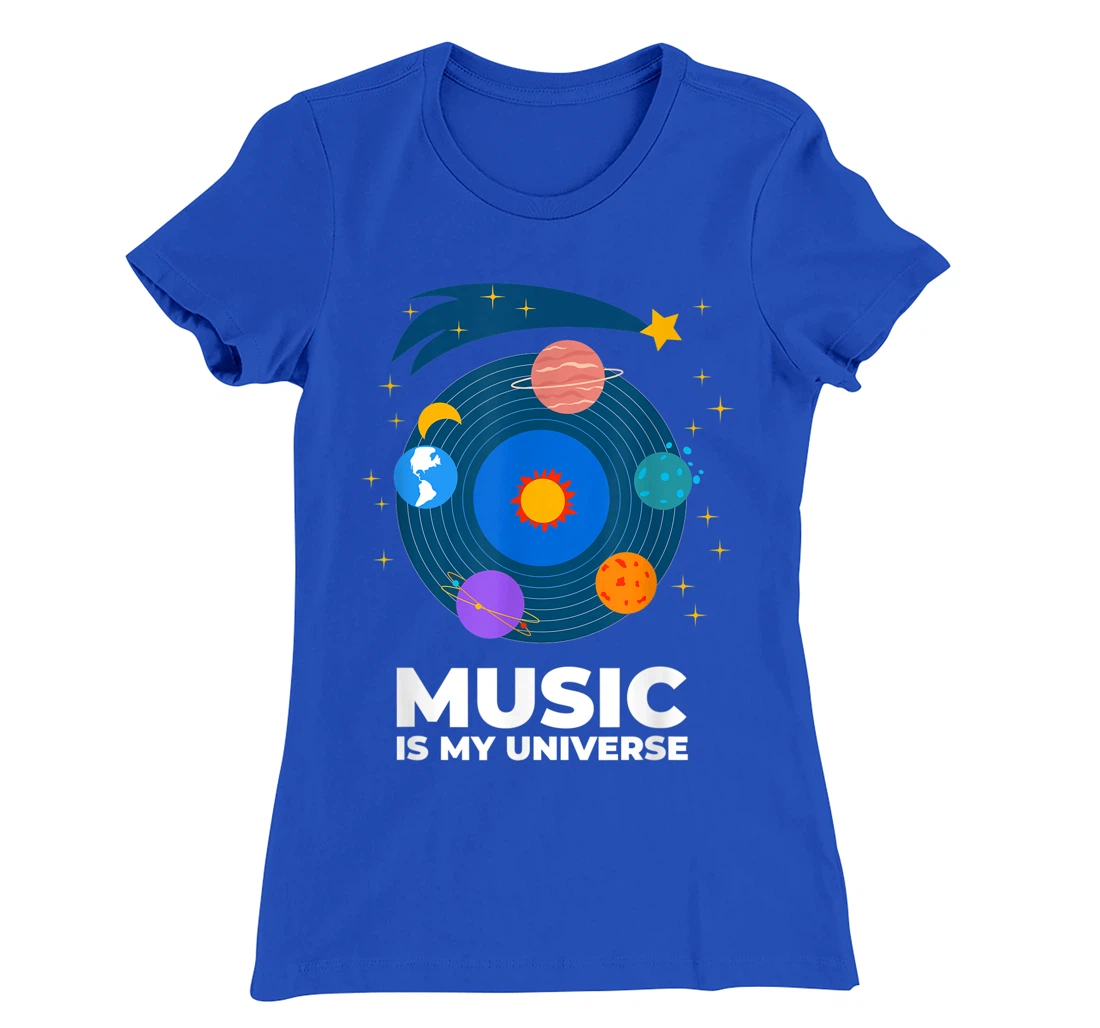 Music Is My Universe with Planets in Orbits on Vinyl Record T-Shirt, Kid T-Shirt and Women T-Shirt