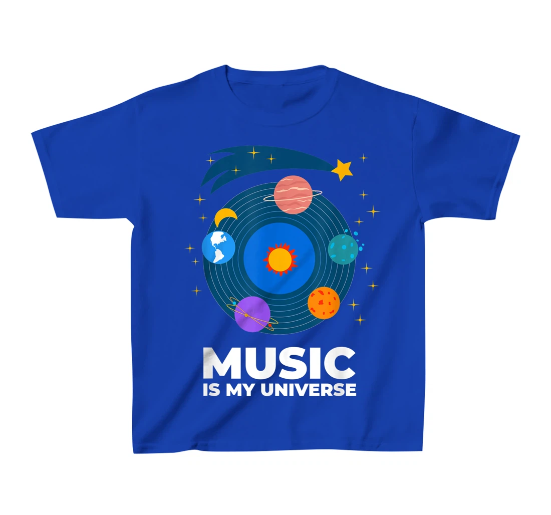 Music Is My Universe with Planets in Orbits on Vinyl Record T-Shirt, Kid T-Shirt and Women T-Shirt