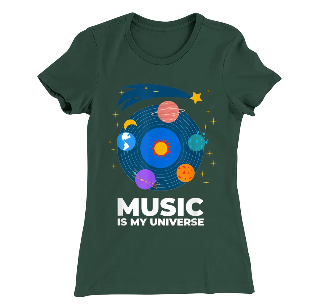 Music Is My Universe with Planets in Orbits on Vinyl Record T-Shirt, Kid T-Shirt and Women T-Shirt