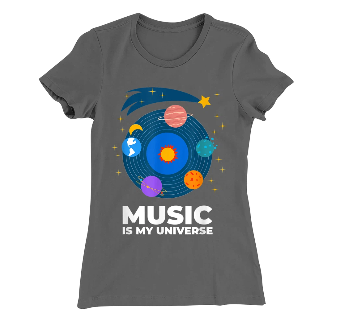 Music Is My Universe with Planets in Orbits on Vinyl Record T-Shirt, Kid T-Shirt and Women T-Shirt