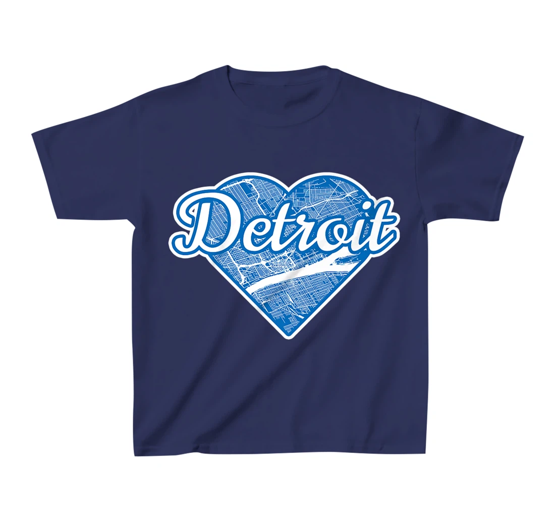 Cute I Love Detroit Blue Street Map Heart T-Shirt, Kid T-Shirt and Women T-Shirt