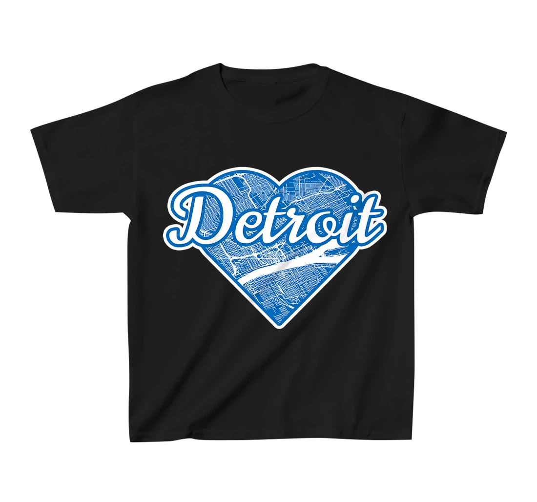 Cute I Love Detroit Blue Street Map Heart T-Shirt, Kid T-Shirt and Women T-Shirt