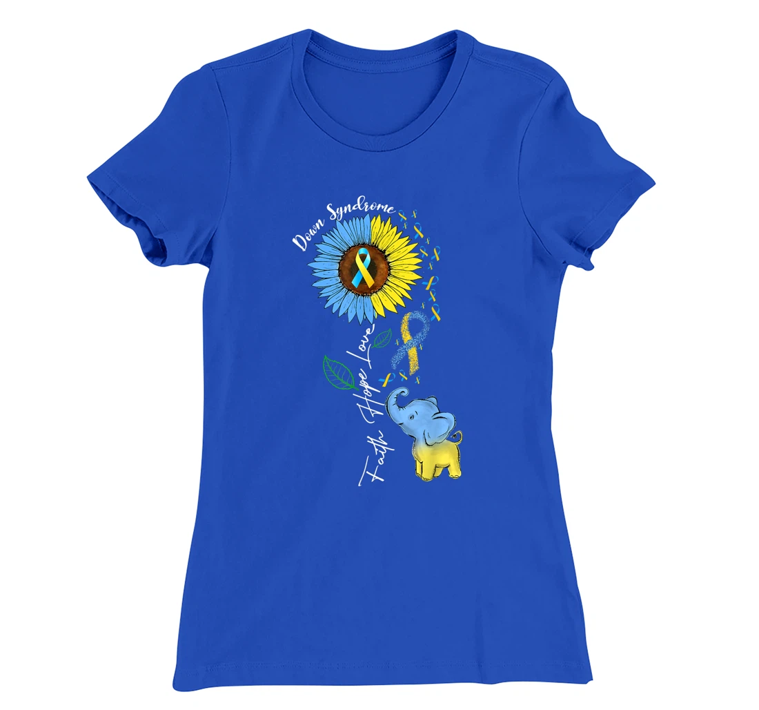 Faith Hope Love Down Syndrome Awareness Ribbon Yellow Blue T-Shirt, Women T-Shirt