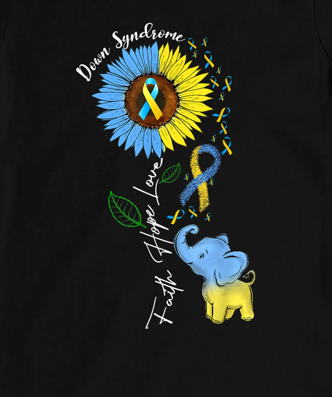 Faith Hope Love Down Syndrome Awareness Ribbon Yellow Blue T-Shirt, Women T-Shirt